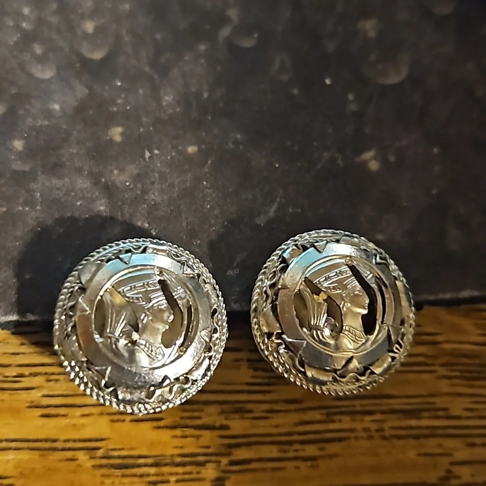 Vintage Silvertone Egyptian Revival Pharoah Clip Earrings
